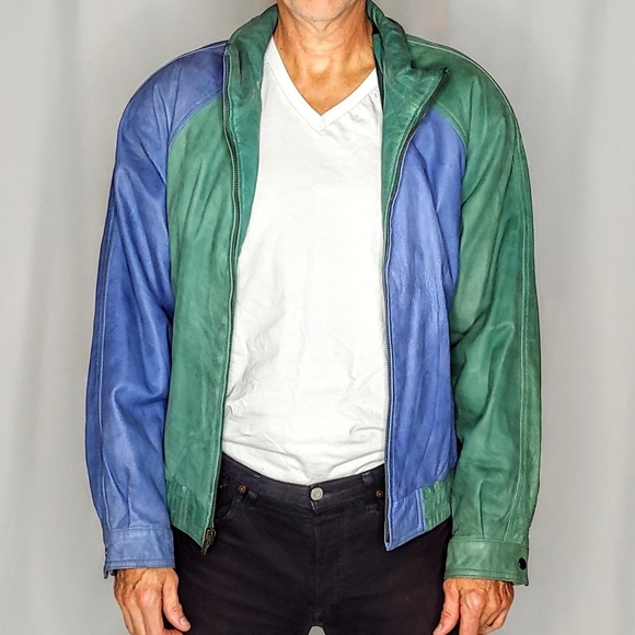 80s color block leather vintage bomber jacket - Picture 4 of 7